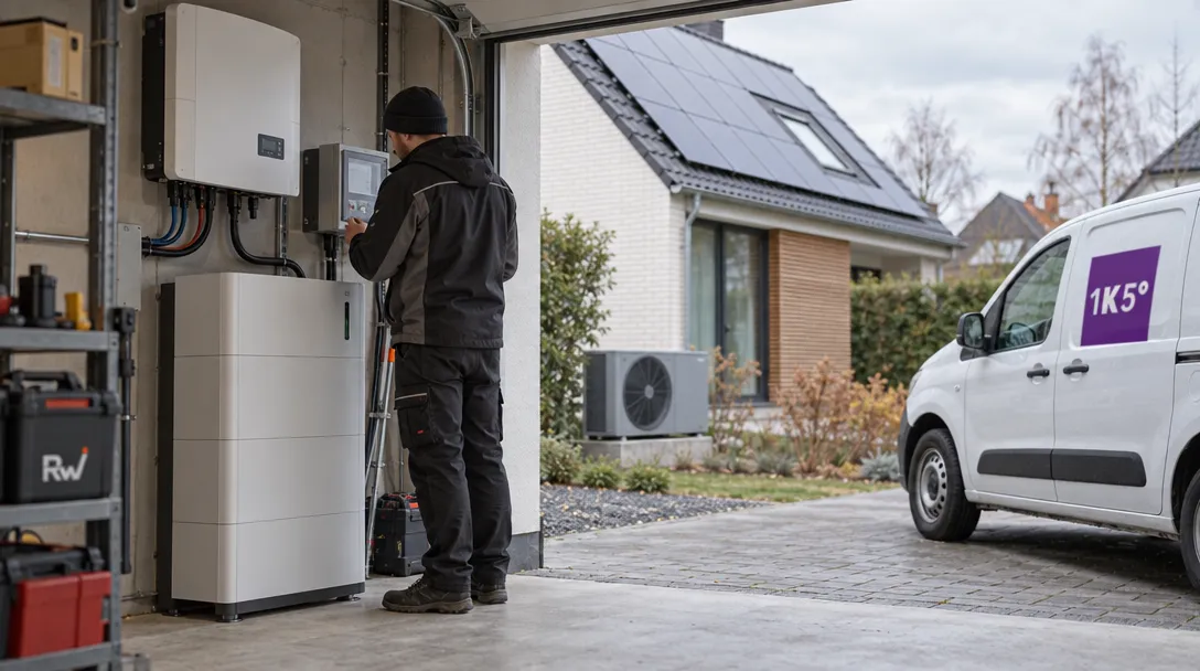 An installer stands beside a home battery and inverter, with rooftop solar panels, a heat pump, and a 1KOMMA5°-branded van outside.