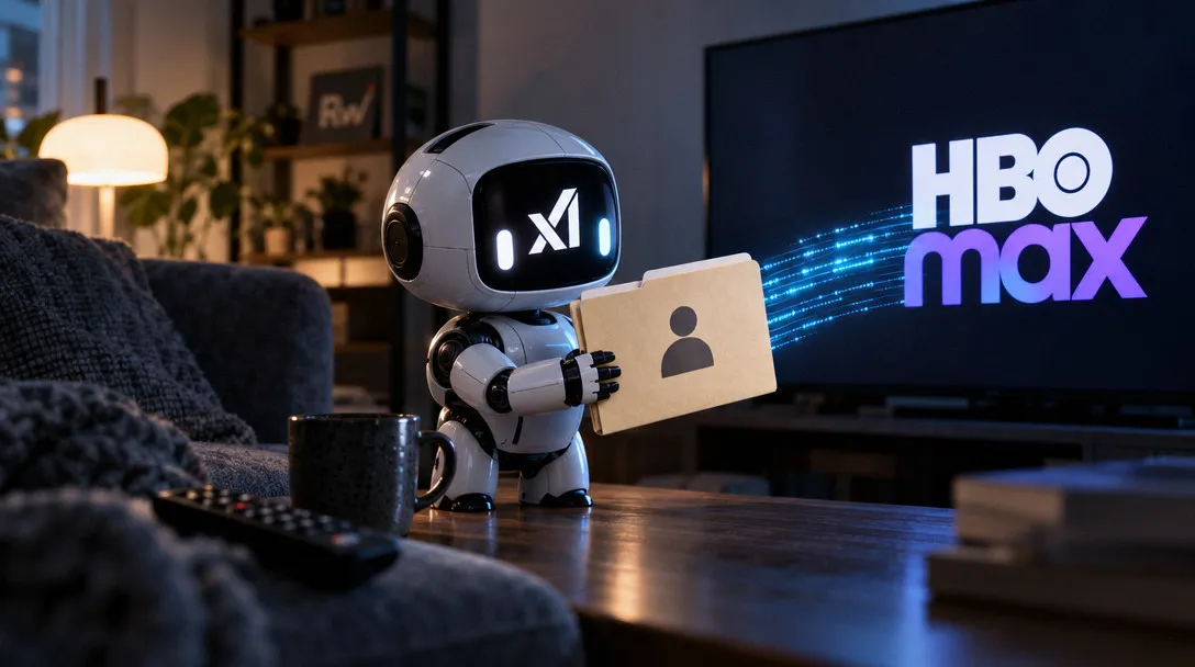 A small robot holds a folder with a person icon beside a remote and mug, while a TV displays the HBO Max logo.