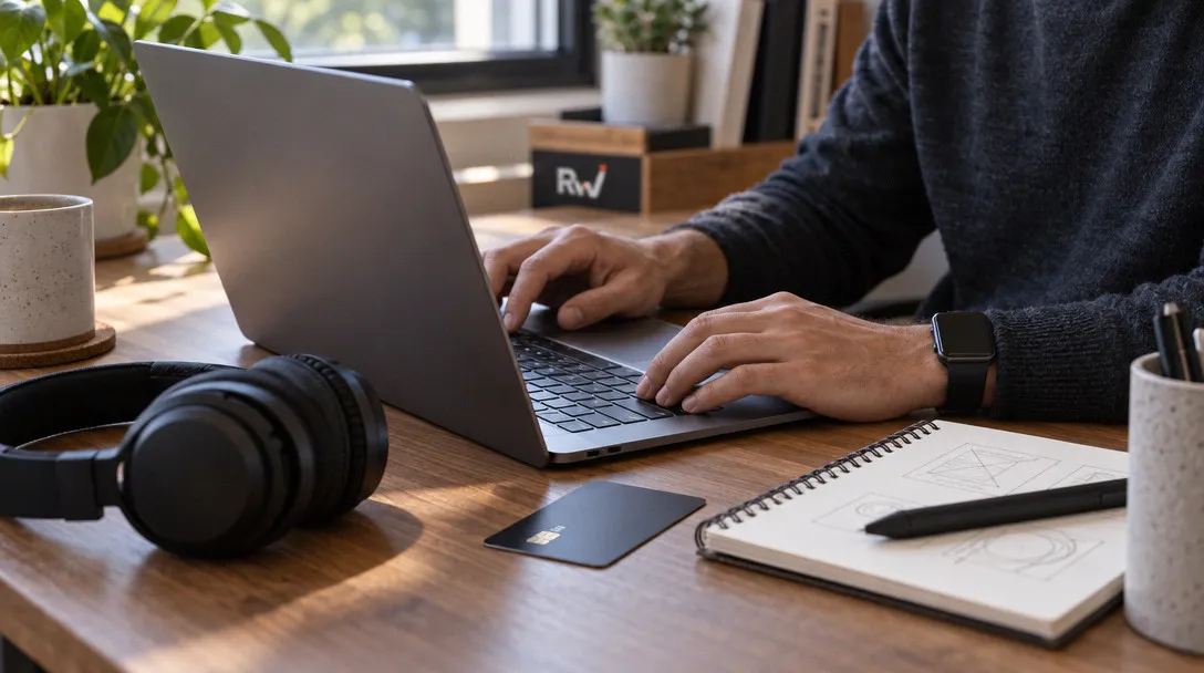 A consumer software power user works at a laptop beside a payment card, sketchpad, stylus, and headphones.