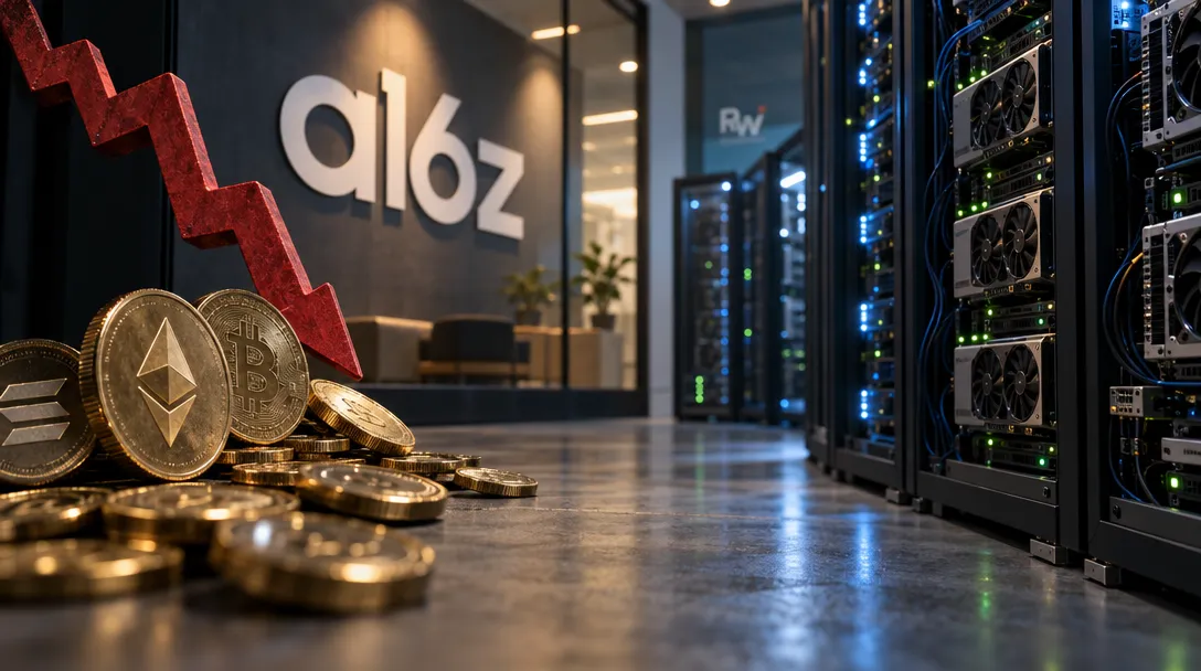 Gold cryptocurrency tokens, including Ethereum and Bitcoin symbols, sit beneath a red descending arrow beside illuminated server racks and an “a16z” sign.