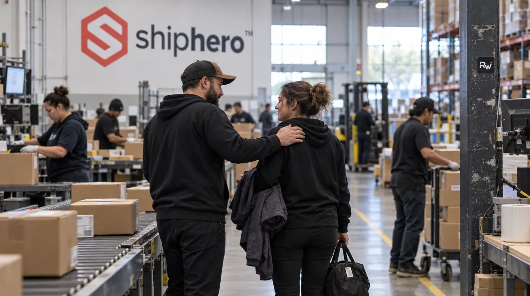 A warehouse worker carrying a small bag says goodbye to a colleague as ShipHero-branded fulfillment work continues around them.