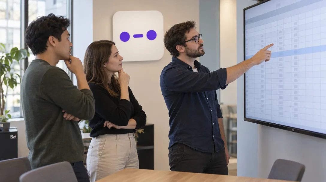 A finance team reviews a spreadsheet on a wall display beneath an Abacum sign.
