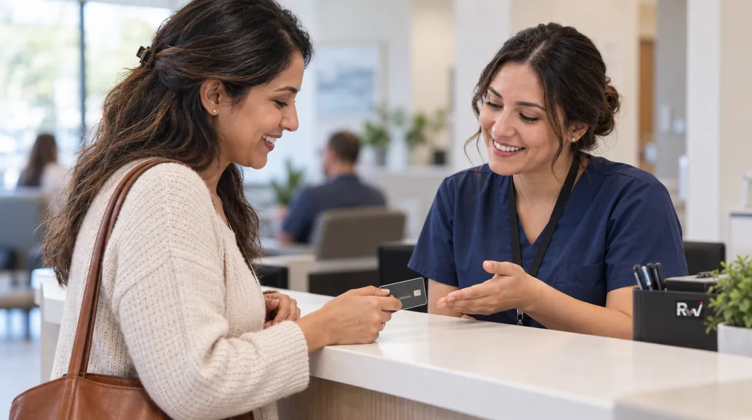 A patient discusses a payment with a billing staff member at a clinic reception counter.