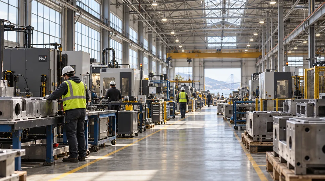 Workers in safety vests operate machinery along an aisle in a large factory; metal parts and equipment line the floor.