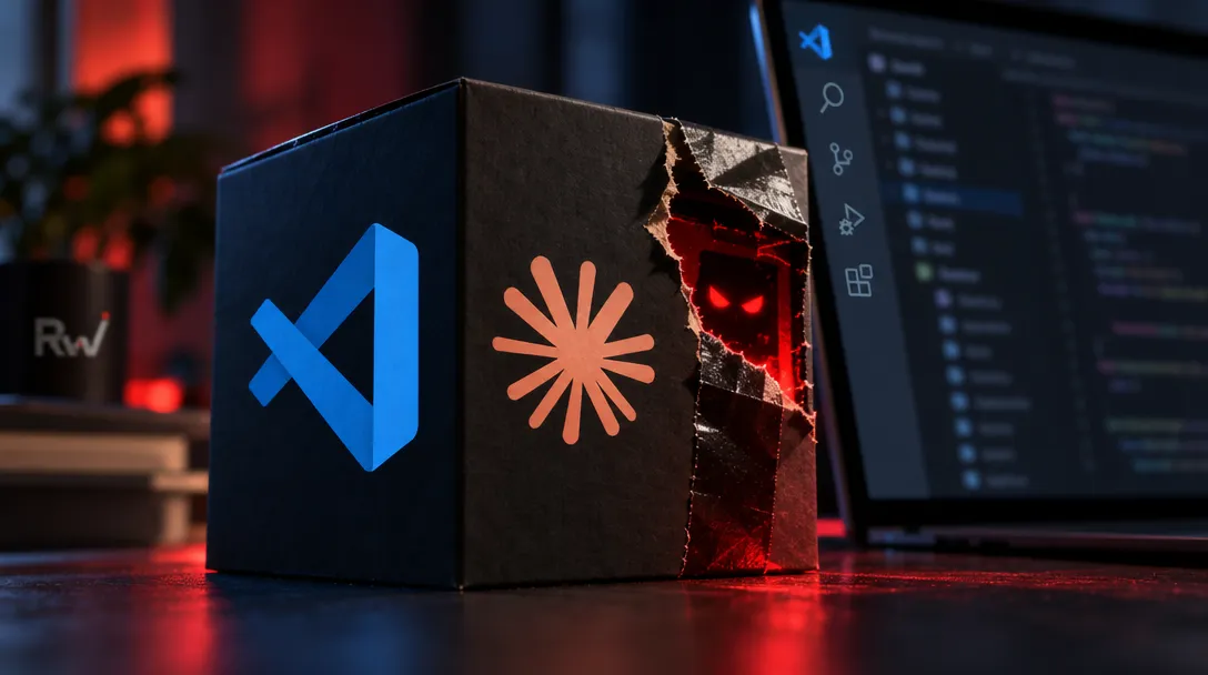 A black box bears the Visual Studio Code logo and an orange radial symbol, with torn paper revealing glowing red eyes beside a code-filled monitor.
