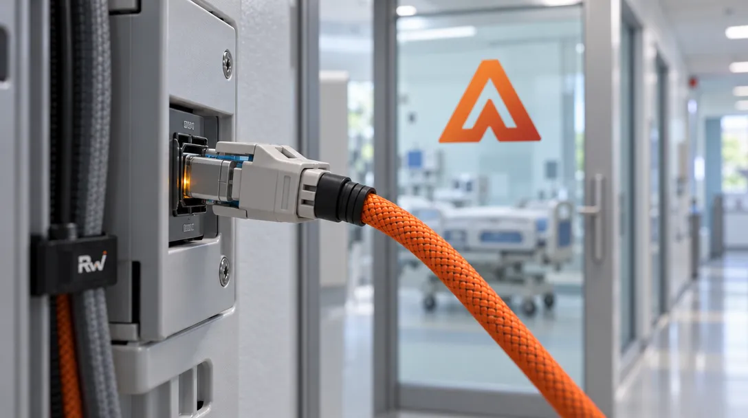 An orange braided cable is plugged into a gray wall port beside bundled cables marked “R+W”; an orange angular logo is on the glass door.