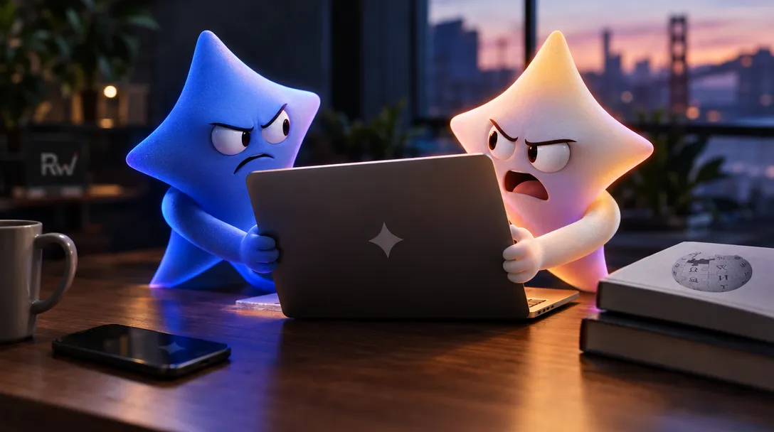 A blue star and a pink star frown at an open laptop on a desk, beside a mug, phone, and books topped with a Wikipedia globe.