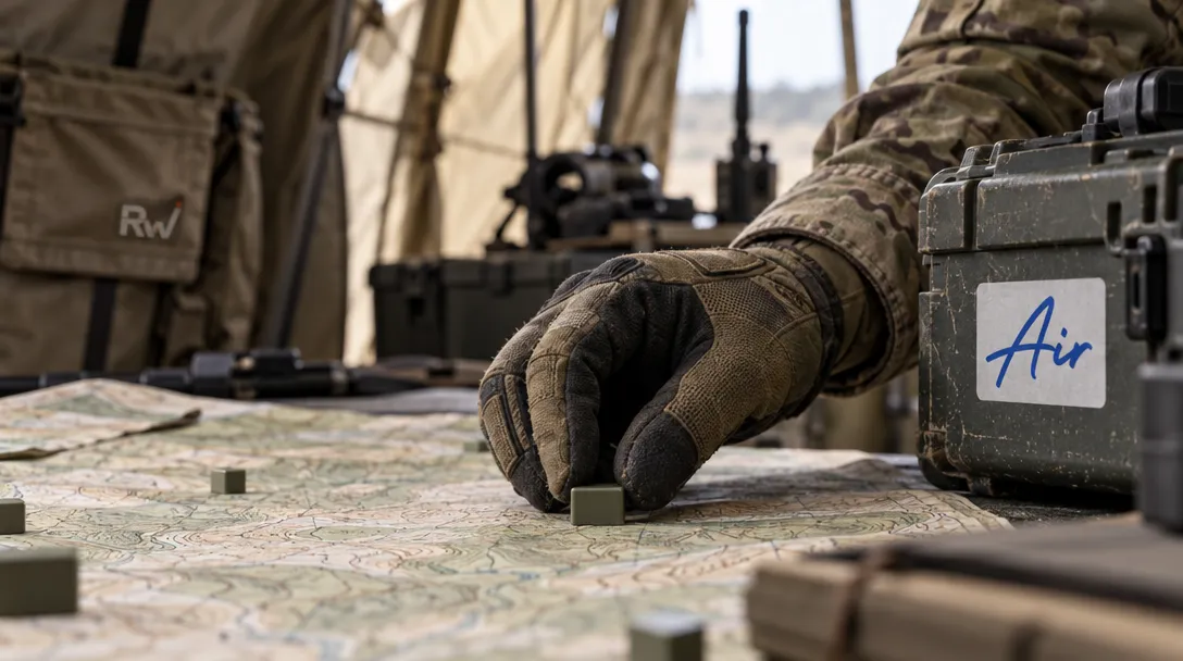 A soldier places a marker on a topographic map inside a field command post, with the AIR logo on a nearby equipment case.