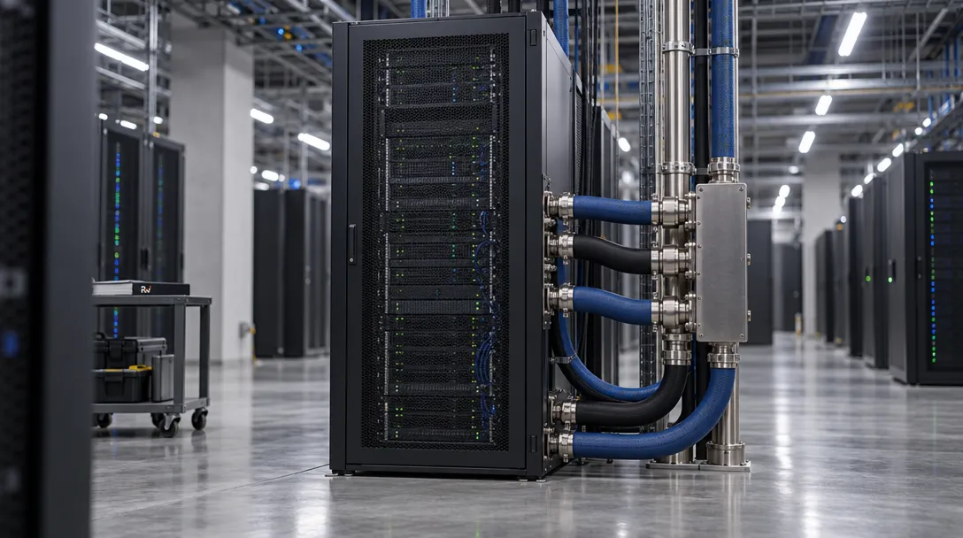 Server racks and liquid-cooling pipes illustrate AirTrunk’s planned TOK1 data-center expansion in Japan.