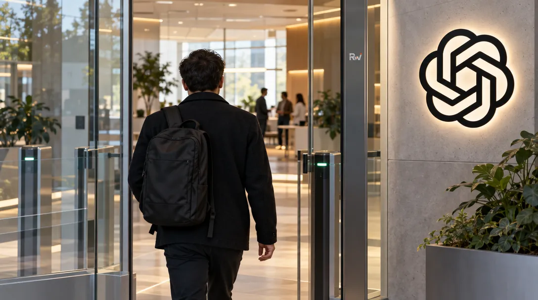 An anonymous researcher walks through glass security doors toward an OpenAI building interior, representing Aleksander Madry’s return.