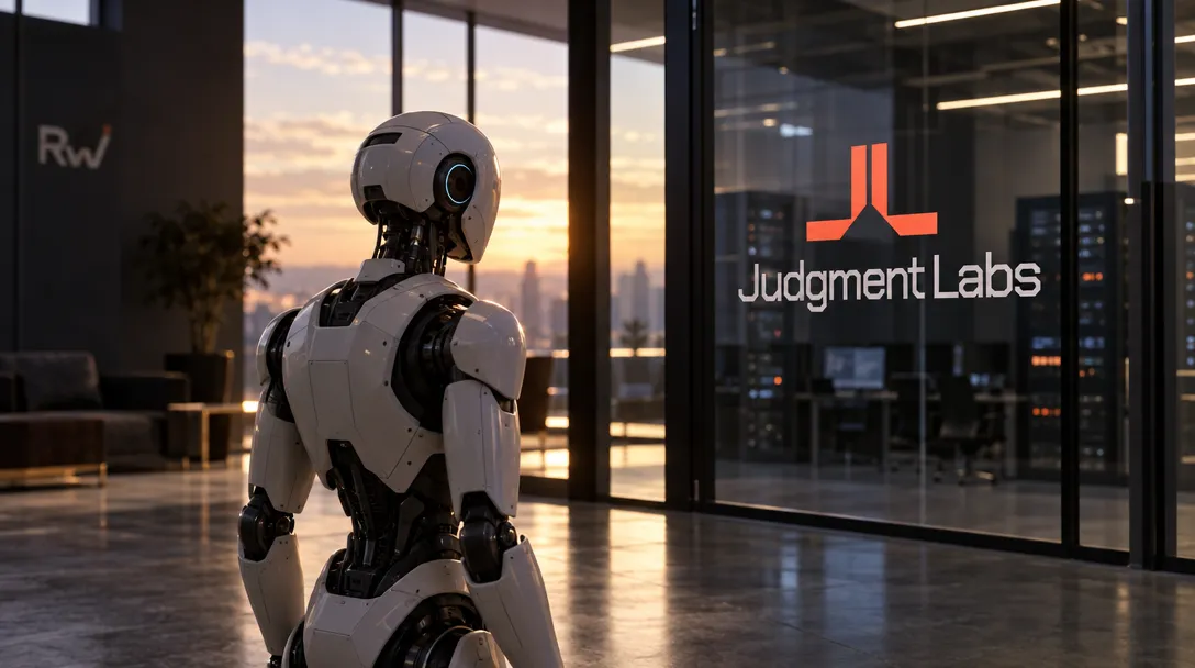A white humanoid robot stands in a glass office lobby beside the “Judgment Labs” logo.
