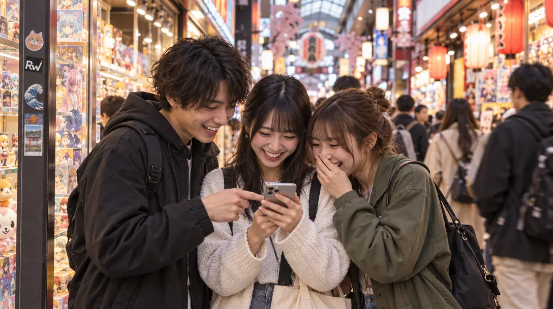 Young people gather around a phone in a busy Japanese manga shopping arcade, evoking Muse’s Japan launch and anime-meme buzz.