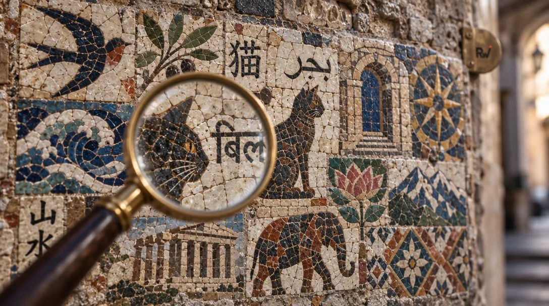 A magnifying glass crosses a mosaic of varied scripts and pictorial clues, evoking HyperBrowseComp’s multilingual, multimodal search-agent benchmark.