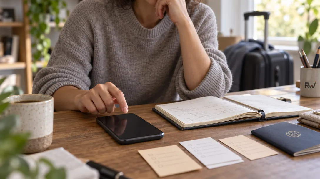 A person hesitates over a smartphone beside an open planner, travel papers, and task slips at a home worktable.