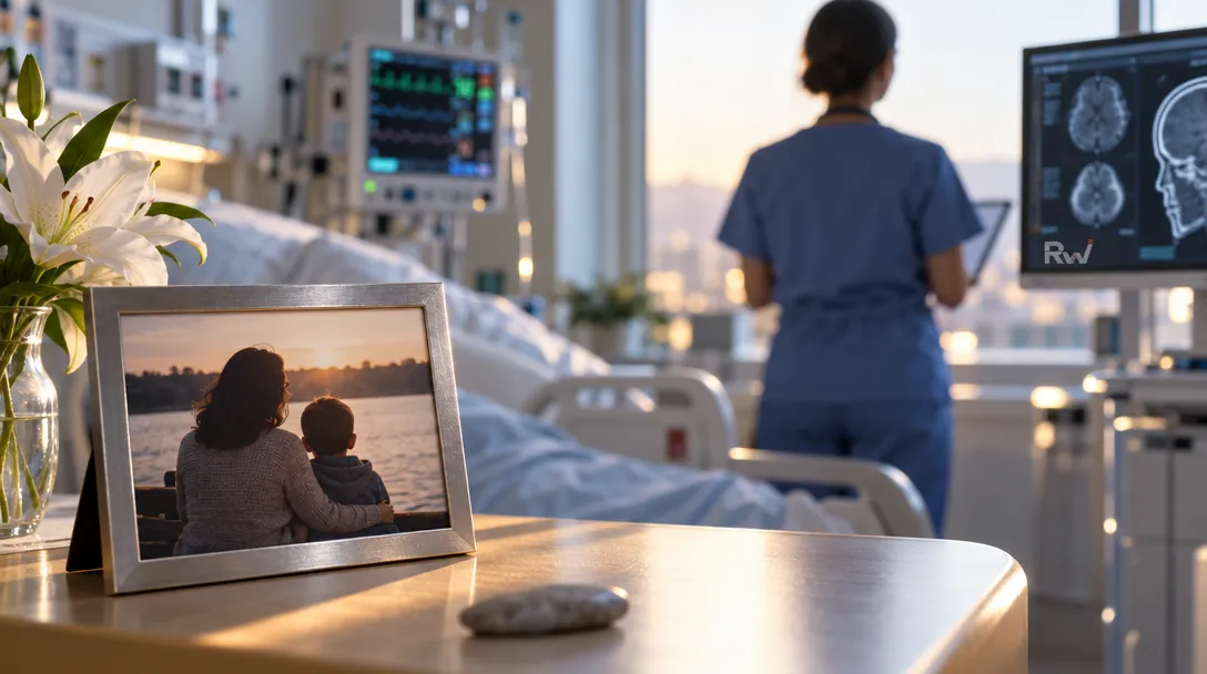 A clinician stands beside a hospital bed and brain scan monitor, with a framed photo of an adult and child, flowers, and an “RW” logo.