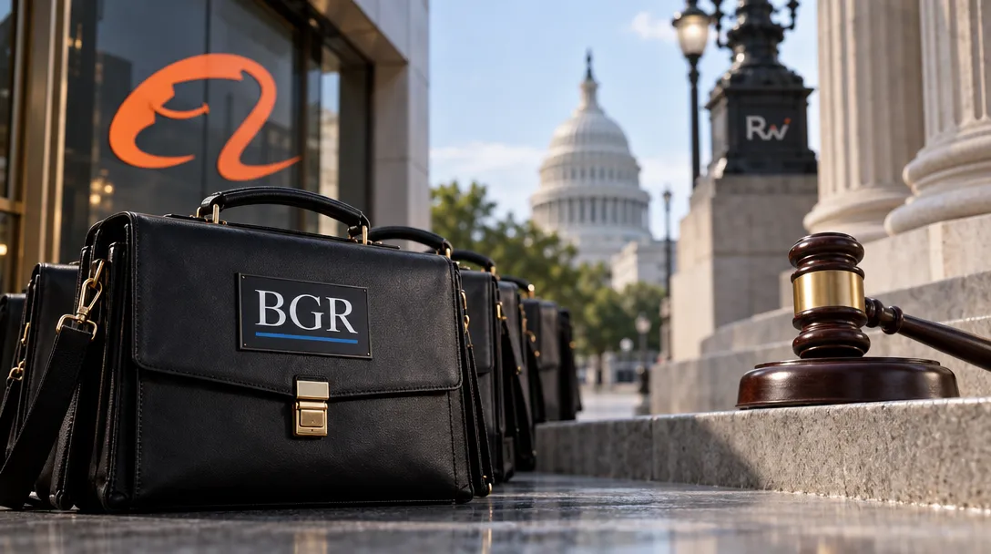 Black briefcases labeled BGR sit beside a judge’s gavel, with the Capitol dome and an orange logo visible behind them.