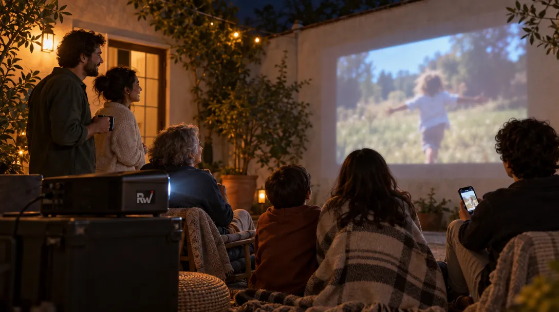 Friends and family gather at night to watch a shared video projected onto a courtyard wall.