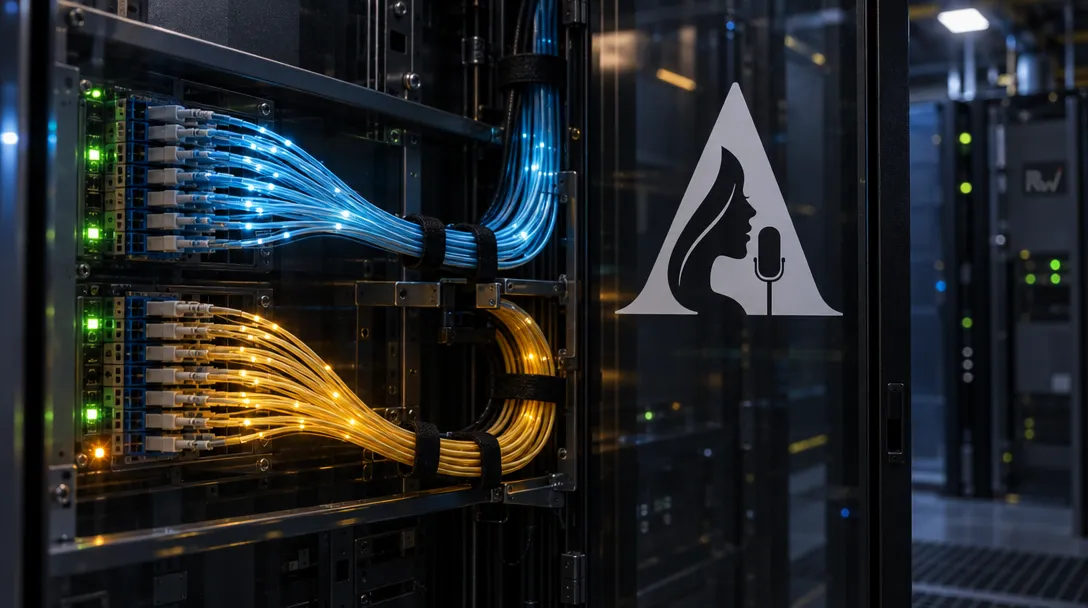 Server racks hold glowing blue and amber fiber-optic cables beside a white stylized A with a face and microphone; “Rw” appears on a cabinet.