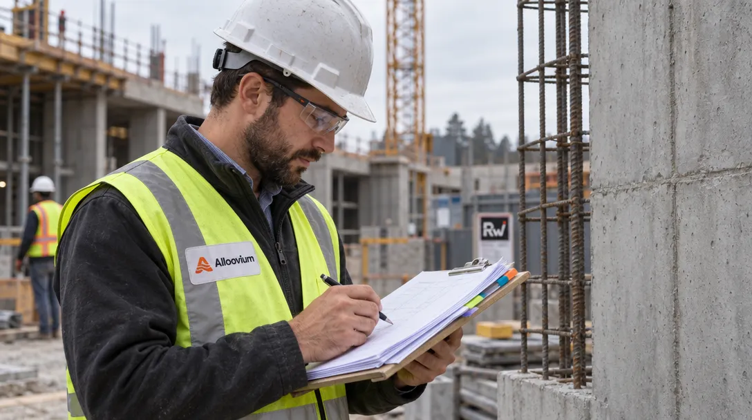 A construction worker in a hard hat and high-visibility vest writes on a clipboard beside concrete and rebar; his vest reads “Alloovium.