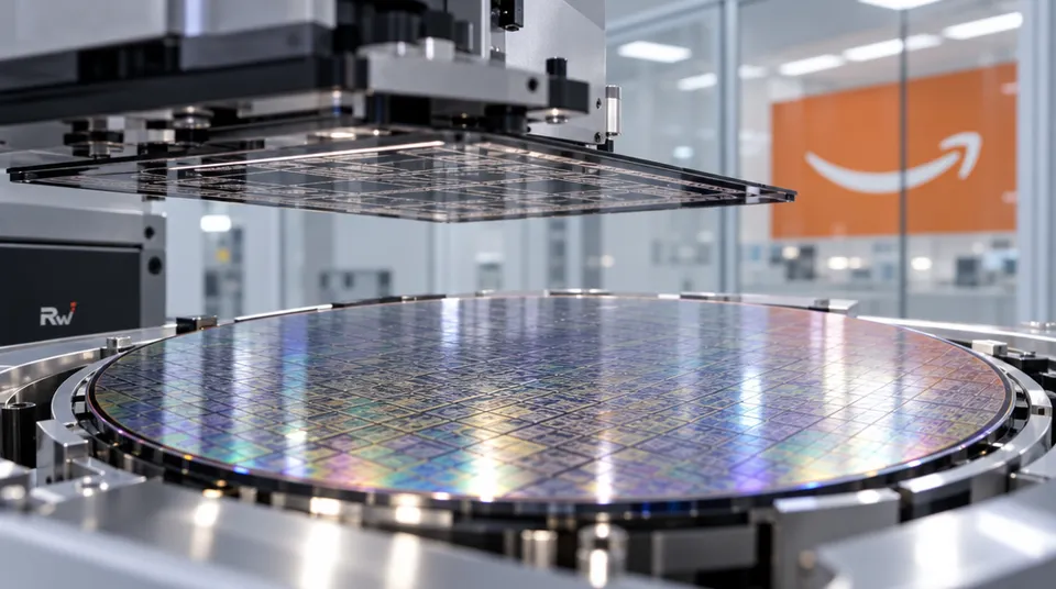 A patterned silicon wafer and photolithography mask sit in a cleanroom, with an Amazon logo on a glass wall behind them.