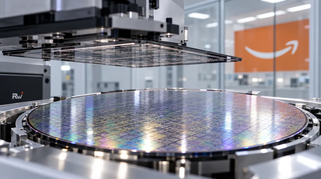 A patterned silicon wafer and photolithography mask sit in a cleanroom, with an Amazon logo on a glass wall behind them.