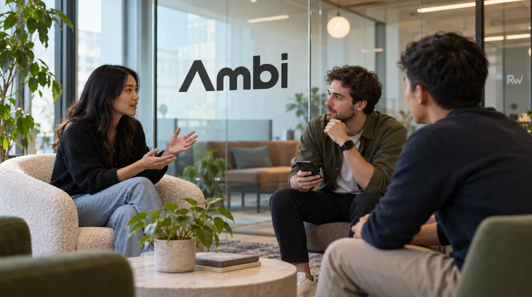 Colleagues talk in a shared meeting room as one checks a phone, with an Ambi logo on the glass partition.