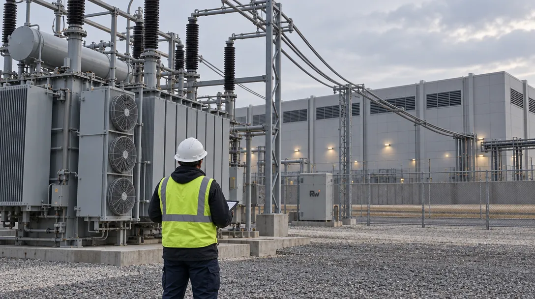 A worker in a hard hat and reflective vest holds a tablet beside electrical substation equipment; a cabinet bears the letters “Rw.”