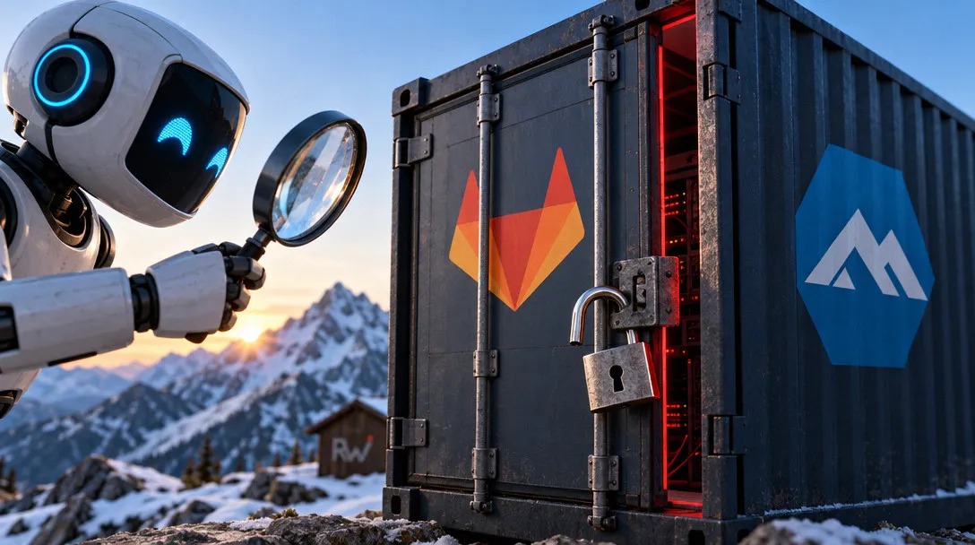 A robot examines a locked, red-lit equipment container marked with GitLab and Nuxt logos.