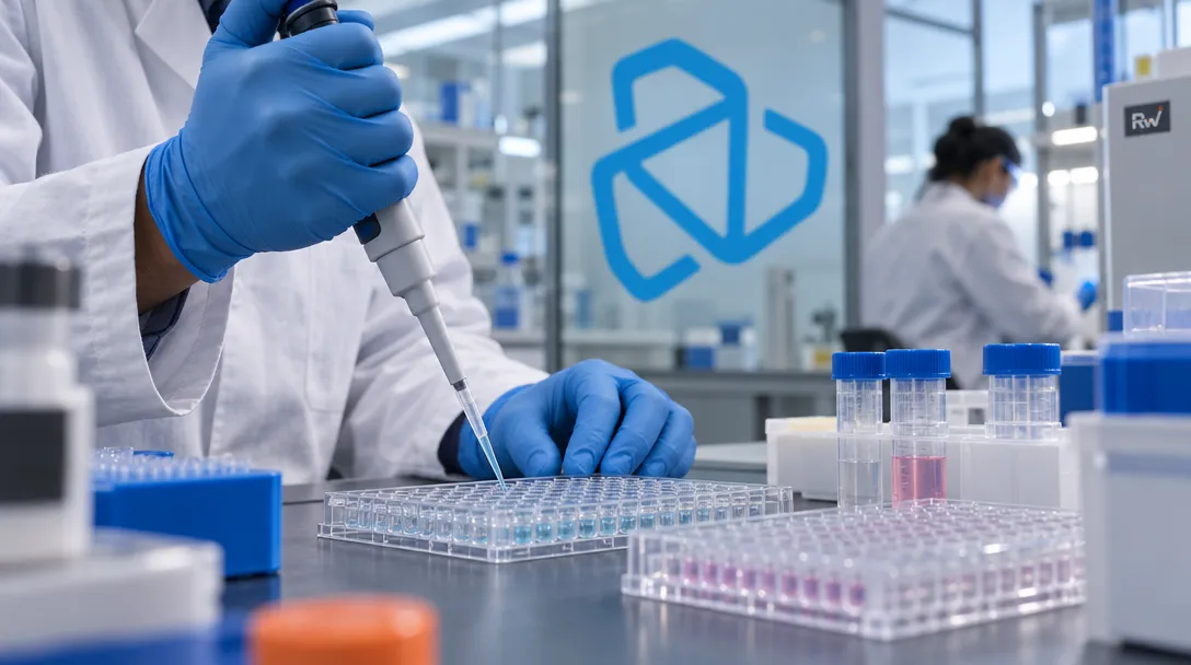 A researcher pipettes samples into an assay plate in a laboratory bearing the Adaptyv Bio logo.