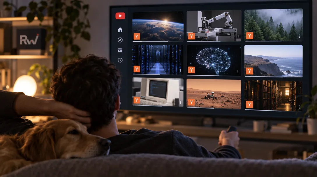 A person reclines on a couch beside a dog, holding a remote as a TV displays video thumbnails and a YouTube icon.