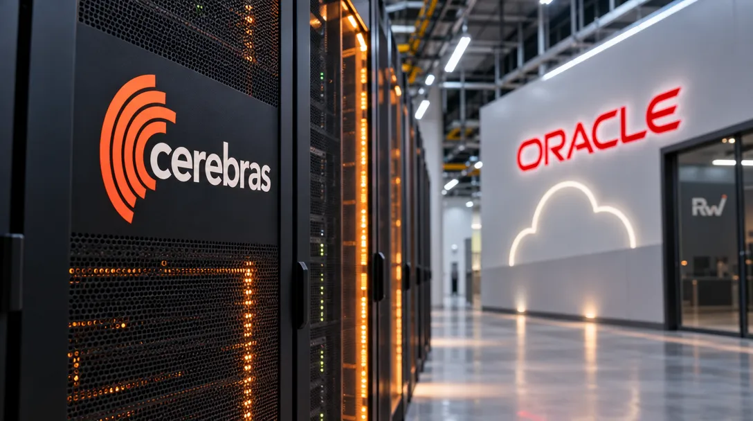 Illuminated server racks display the Cerebras logo beside a wall bearing the Oracle logo and a cloud outline.