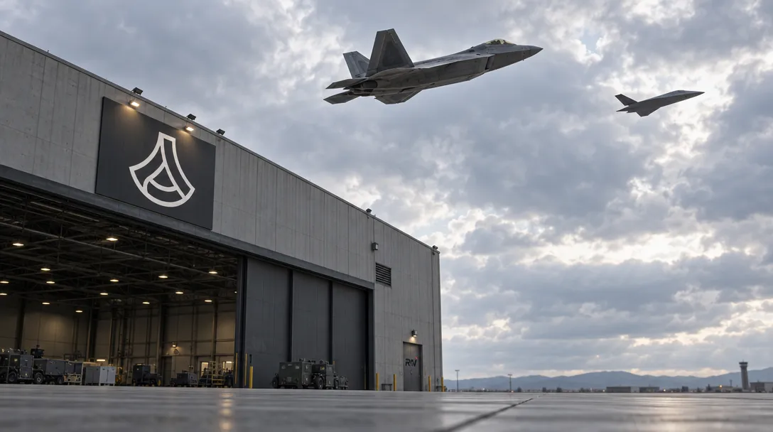 An F-22 flies beside a distant uncrewed jet above an airbase hangar bearing the Anduril logo.
