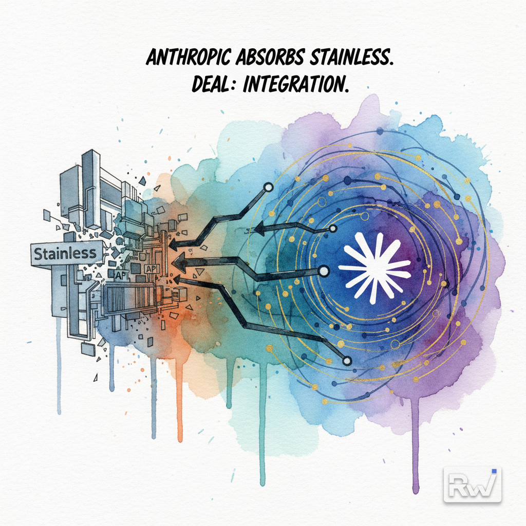 The acquisition and integration of devtools startup Stainless by AI company Anthropic (Watercolor and ink — wet-on-wet washes, sharp line accents, masking-fluid highlights)