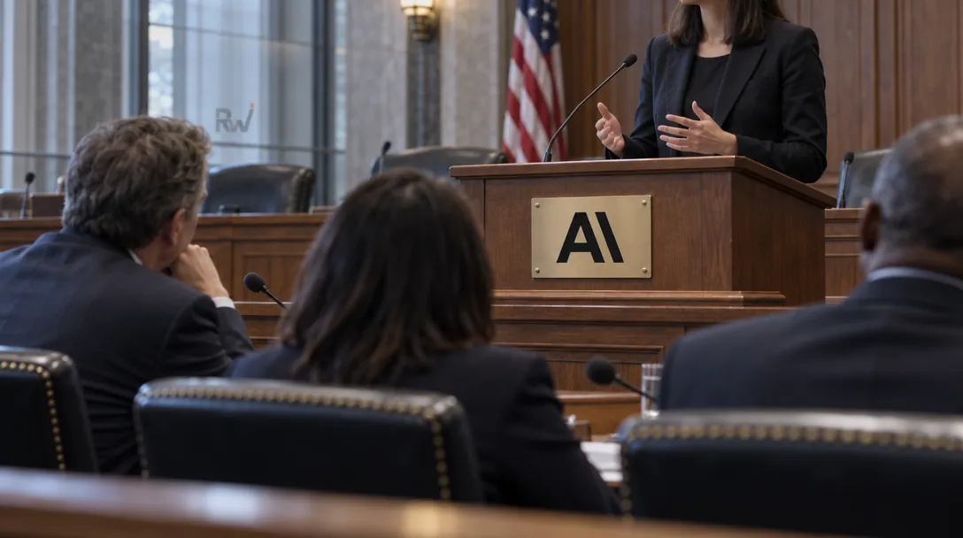 Lawmakers listen as an Anthropic representative speaks from a lectern in a committee room.