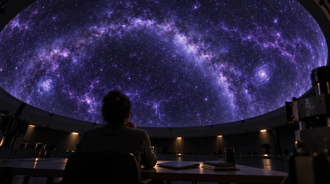 A researcher studies a continuous violet-toned map of the star-filled sky projected across a dome.
