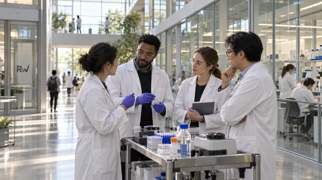 Four people in lab coats discuss beside a cart of laboratory equipment in a glass building; “Rw” appears on a door.