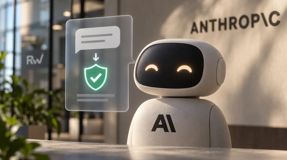 A smiling robot marked “AI” stands beside a panel showing a chat bubble and checked shield, below an “ANTHROPIC” sign.