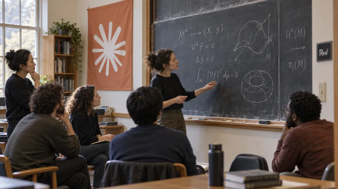 Mathematicians discuss equations at a workshop beneath an Anthropic sign.