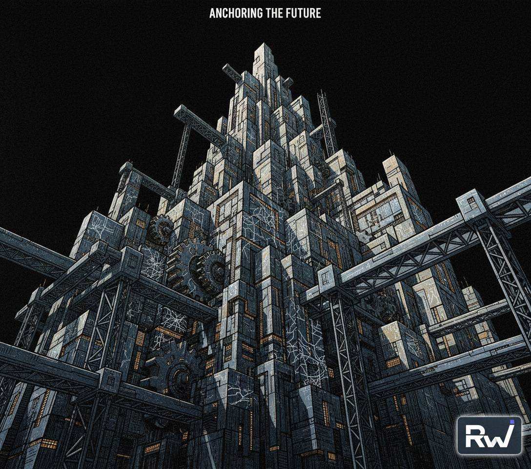 A complex, interlocking architectural structure symbolizing an emerging enterprise AI foundation (scratchboard / woodcut)