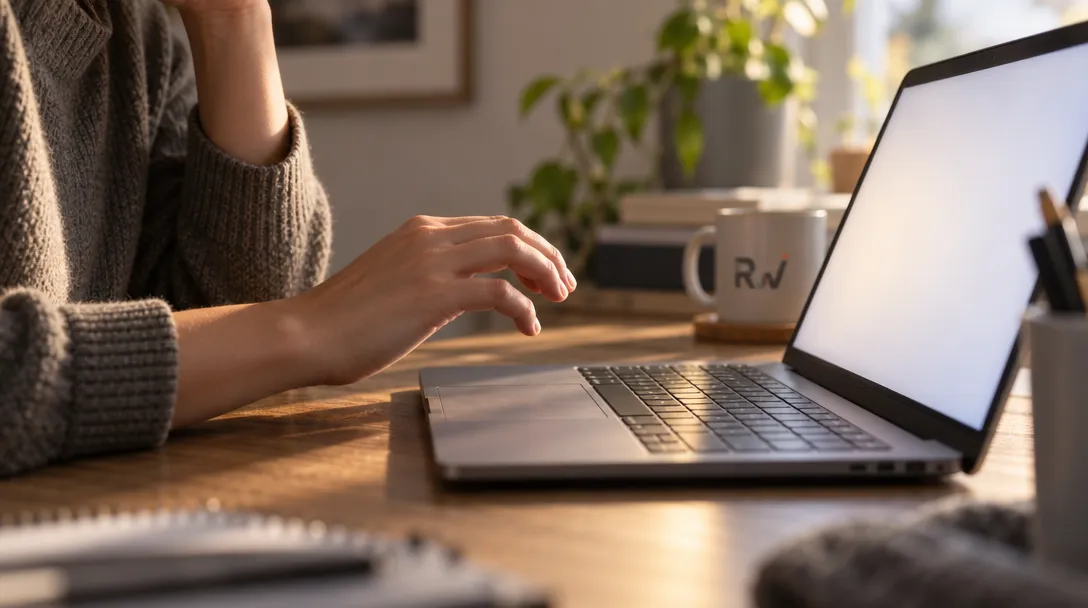 A person lifts their fingers from a laptop keyboard during a quiet moment with Claude.