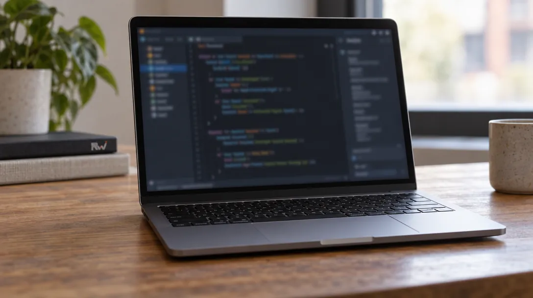 An open laptop with an unreadable coding screen sits on a desk, representing Anthropic’s Claude Code worktree controls.