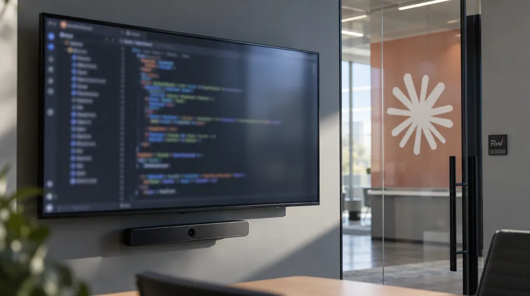 A wall-mounted monitor showing blurred code stands in a security review room beside an Anthropic-marked glass partition.