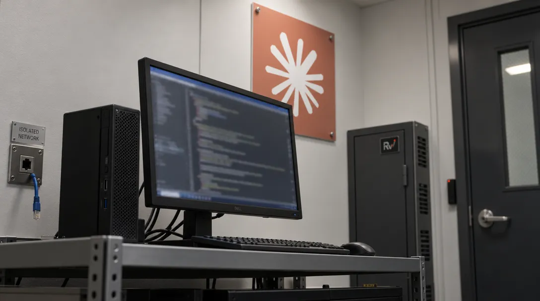 A Windows desktop computer with an unreadable code-like screen sits in a secured review room beneath an Anthropic wall sign.