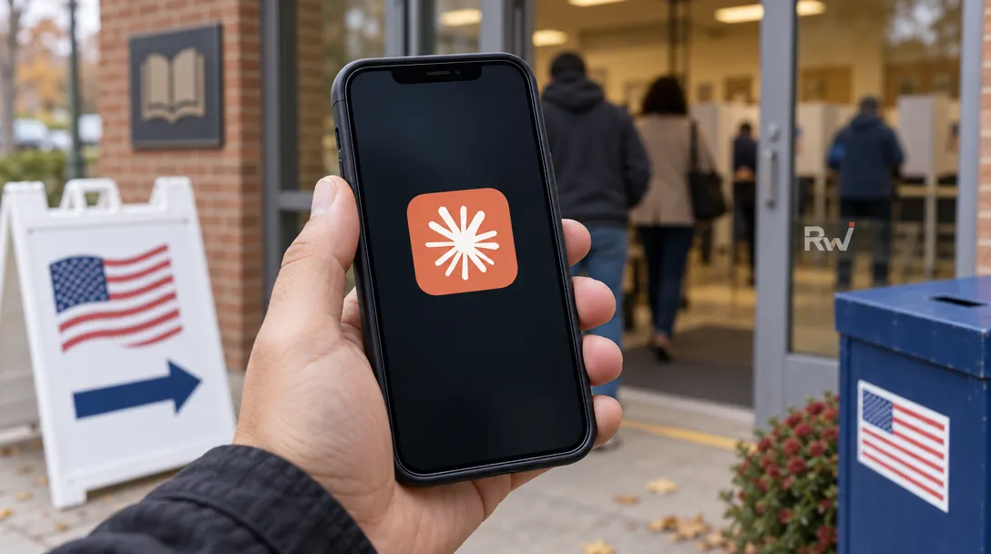 A voter checks an Anthropic app icon on a phone outside a polling place, with a ballot box and voting booths in the background.