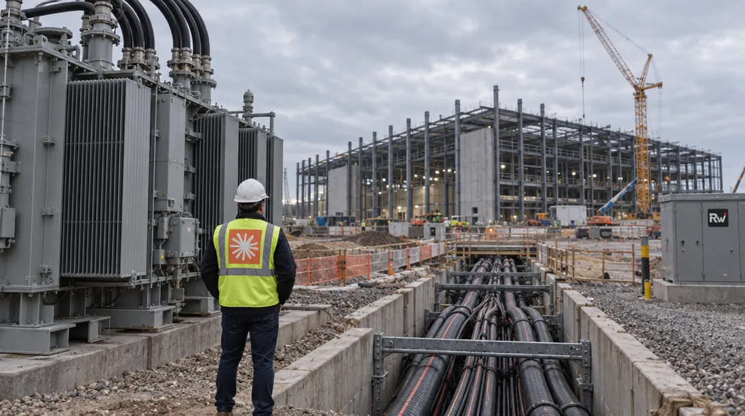 A visitor wearing an Anthropic logo patch looks across a large data-center construction site with power equipment and heavy cables.