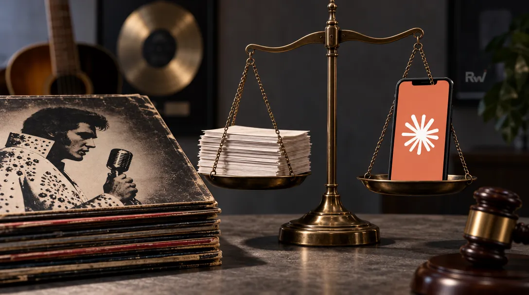 A brass balance scale holds papers and a phone with a white starburst, beside vinyl records with a singer portrait, a guitar and a gavel.