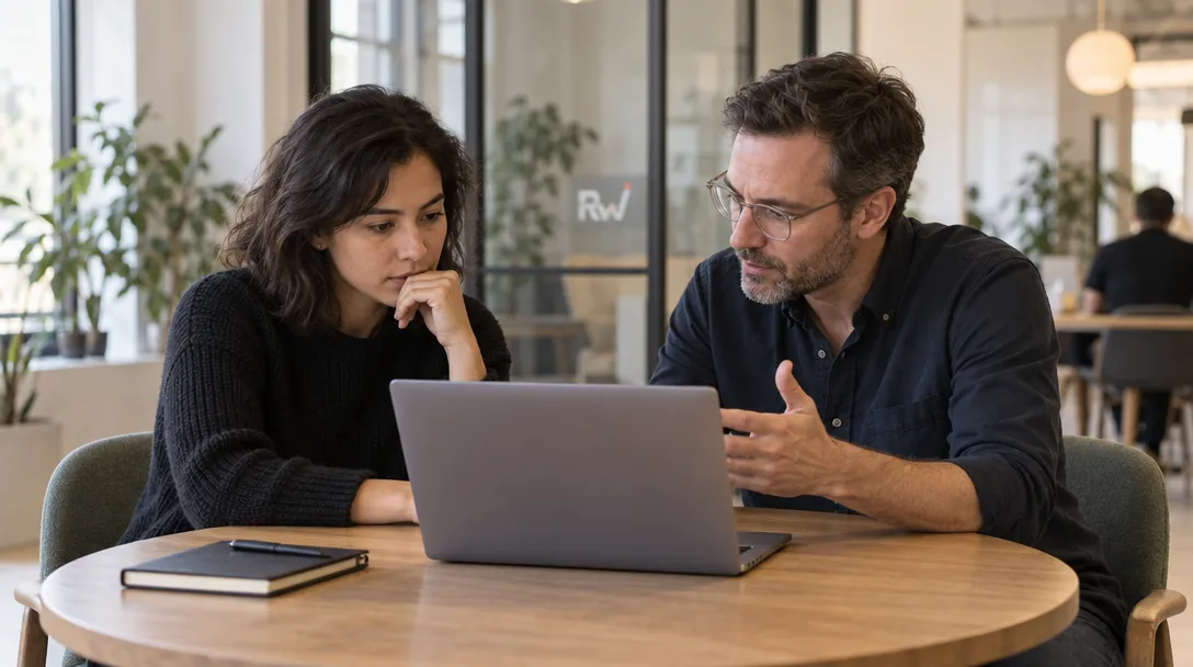 A startup founder discusses work with an advisor at a laptop during an office-hours session for Anthropic's Claude Startups program.