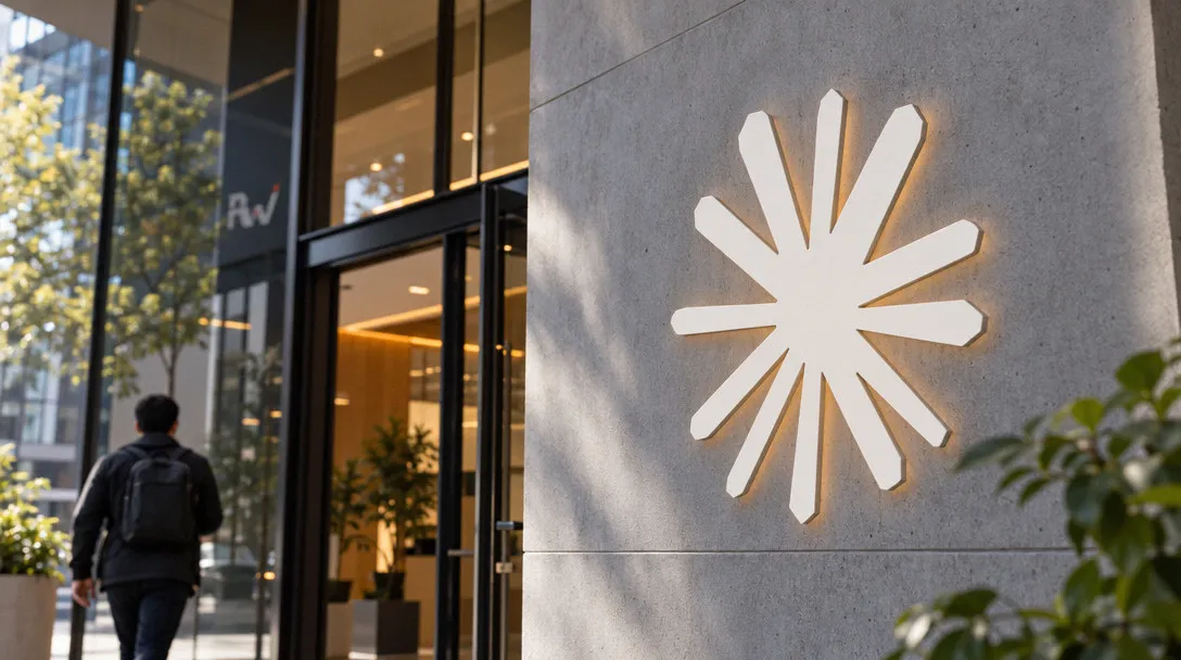 A person with a backpack walks toward a glass building entrance beside a large white starburst emblem and partial “Rv” lettering.