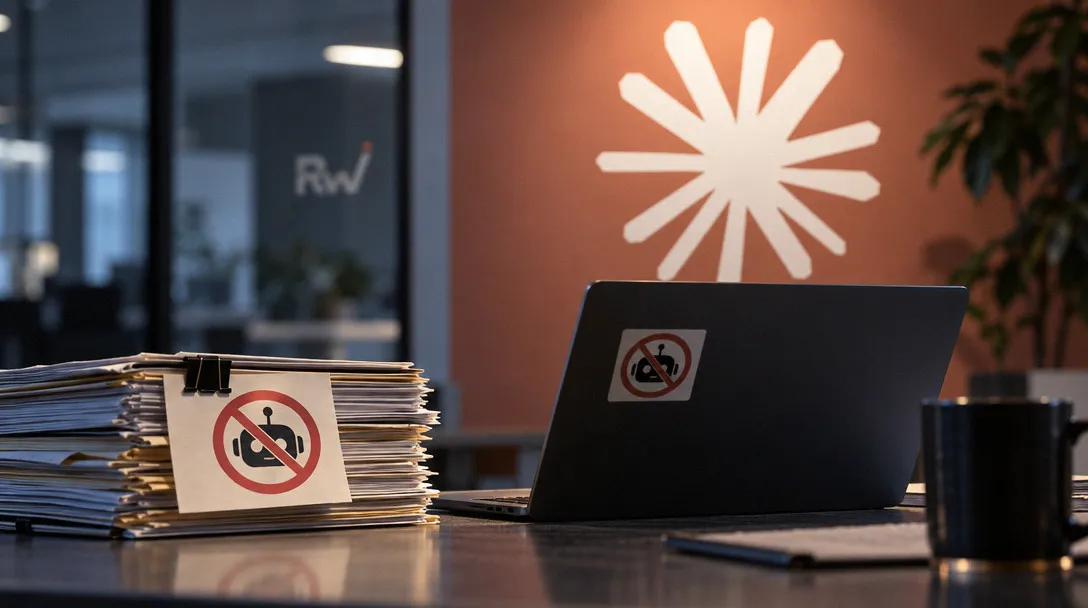 A stack of papers and an open laptop display crossed-out camera symbols beside a mug and notebook.