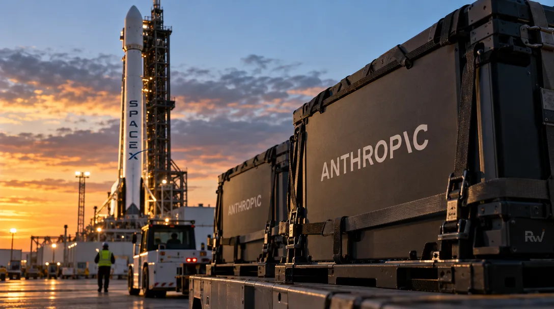A SpaceX rocket stands beside a launch tower as an illuminated vehicle and a worker pass Anthropic-branded cargo cases at sunset.